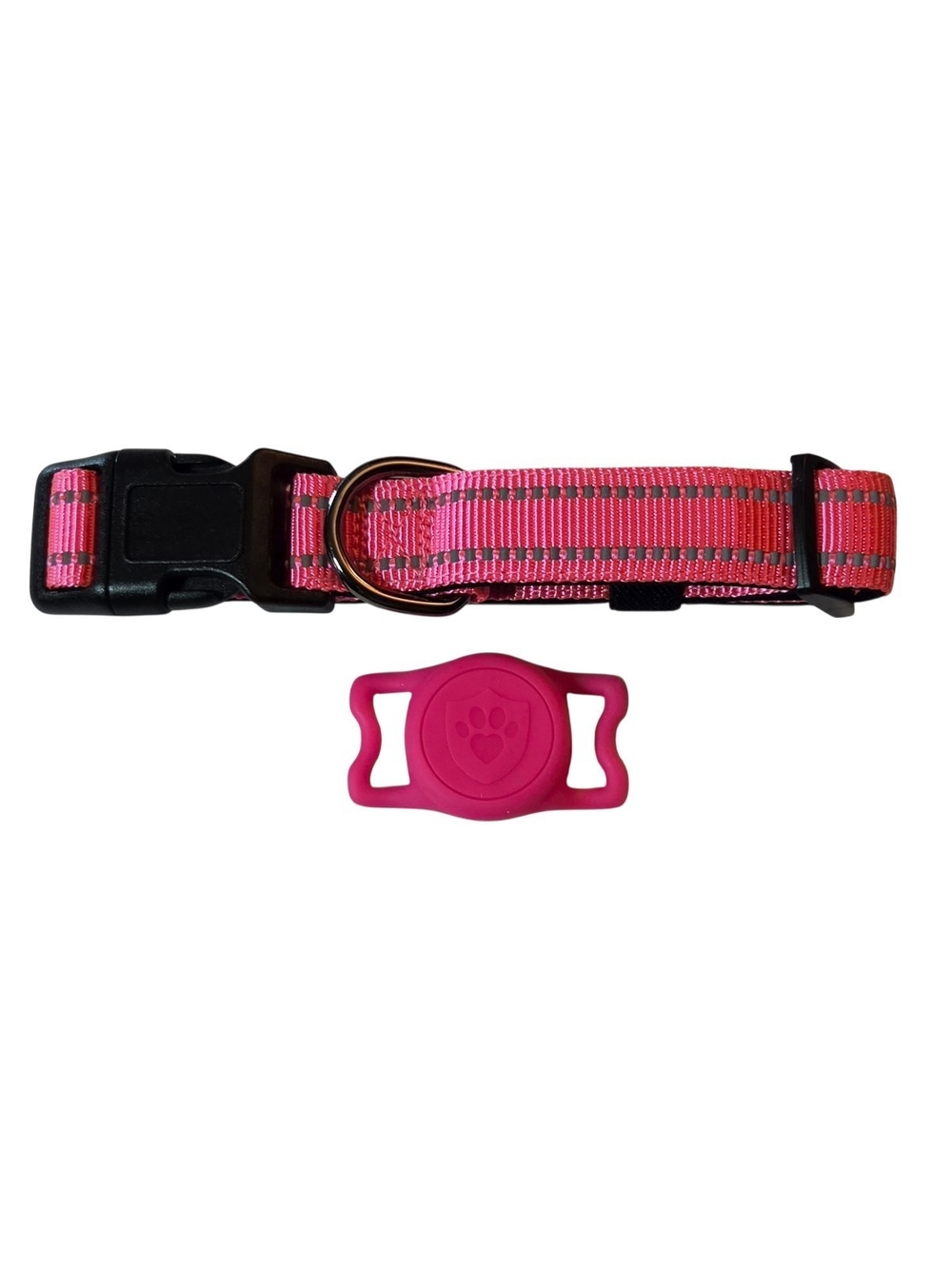 Hot Pink Reflective Nylon Dog Collar with GPS/AirTag Holder Case | Size Medium